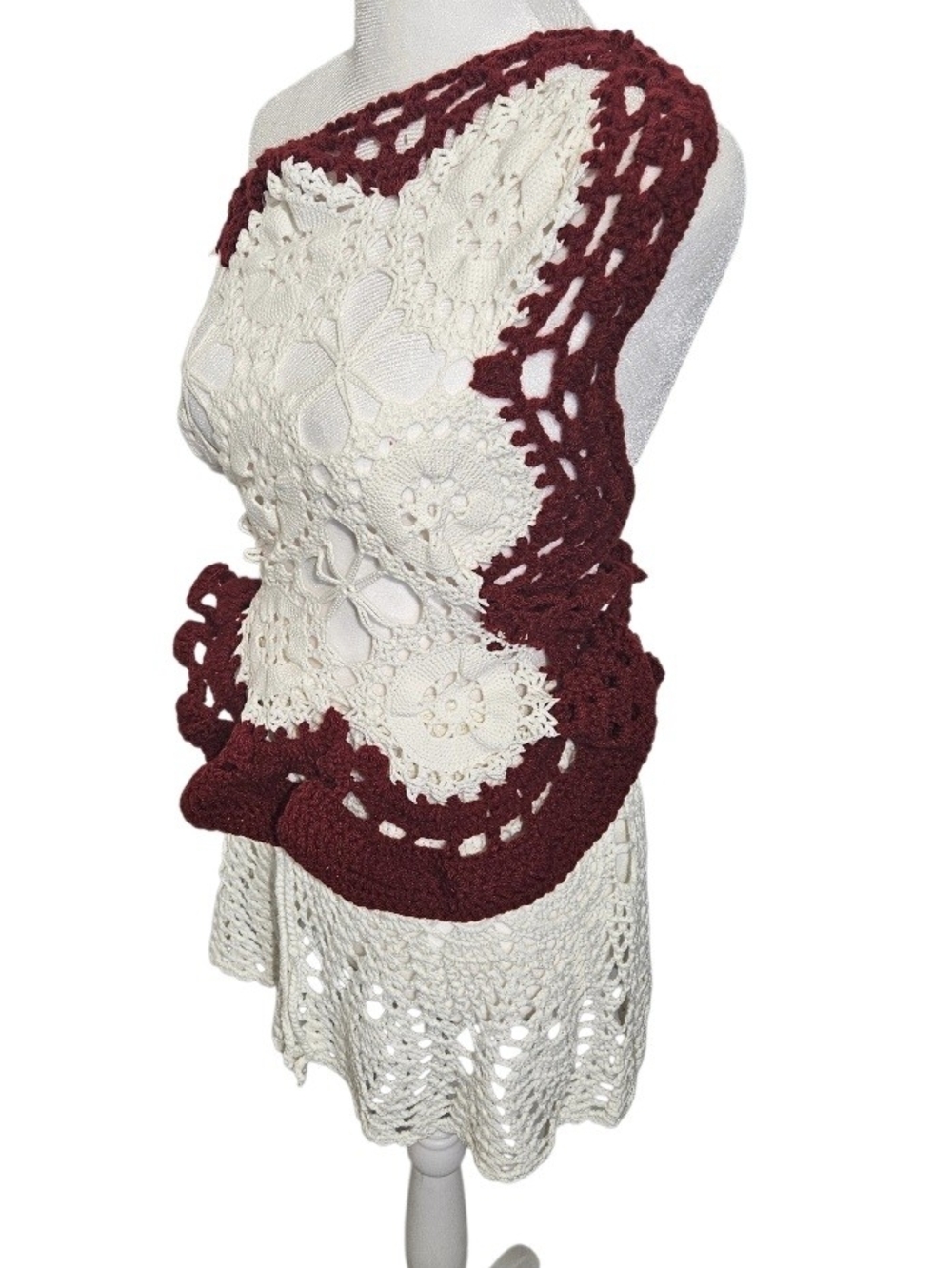 Hand Crafted White Burgundy Crochet Swim Coverup 2 Piece Set - Picture 9 of 17